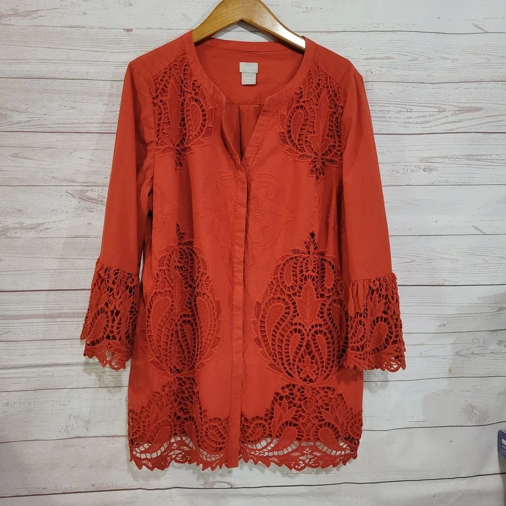Chicos Button Up Tunic Top Womens 12/14 Terre Cotta Crochet 3/4 Sleeve Boho